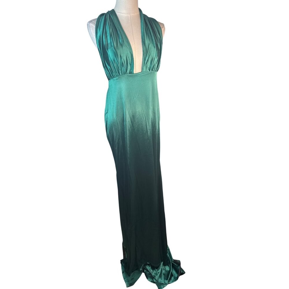 New Miss Ord Emerald Large Green Satin Halter Gown Tie & Plunging Neckline - Picture 10 of 14